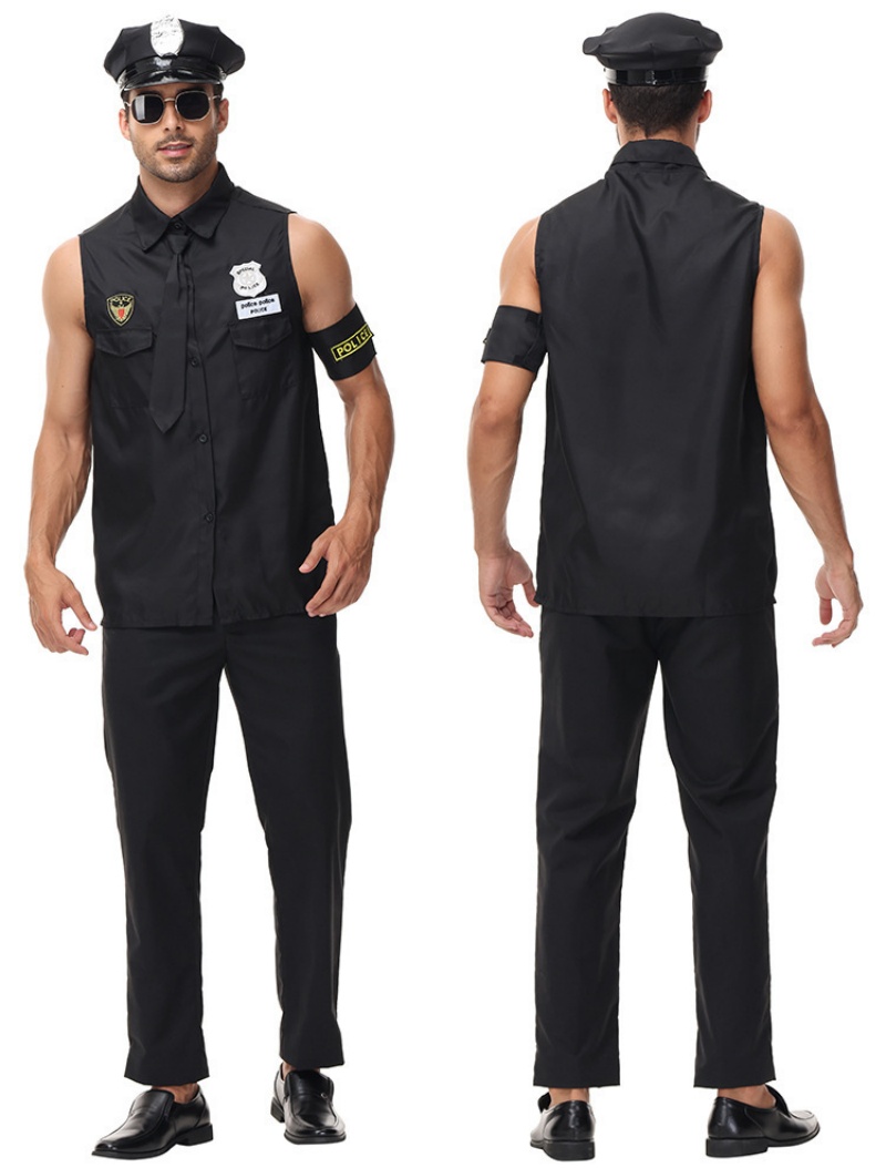 Mens Police Officer Costume Set Halloween Cop Cosplay Sleeveless Uniform Set